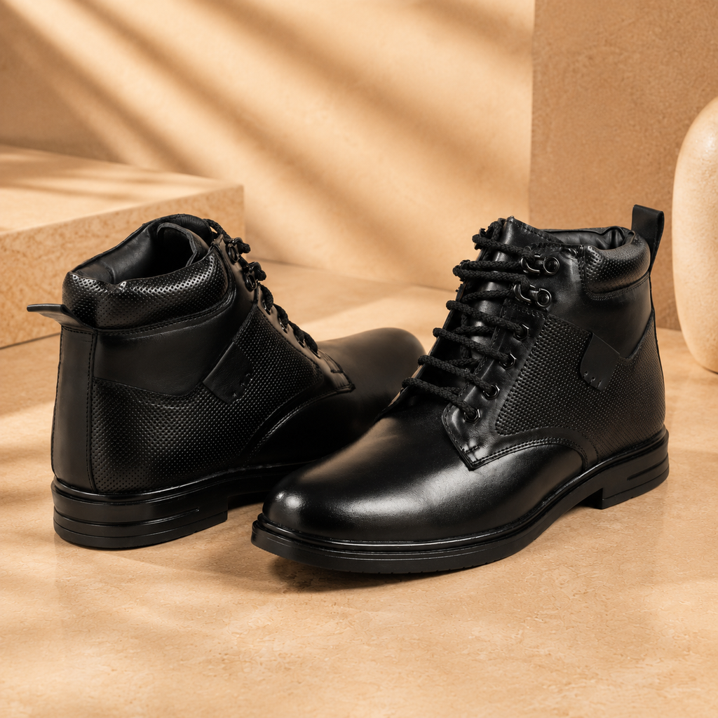 AVORA Black Lace-Up Leather Boots