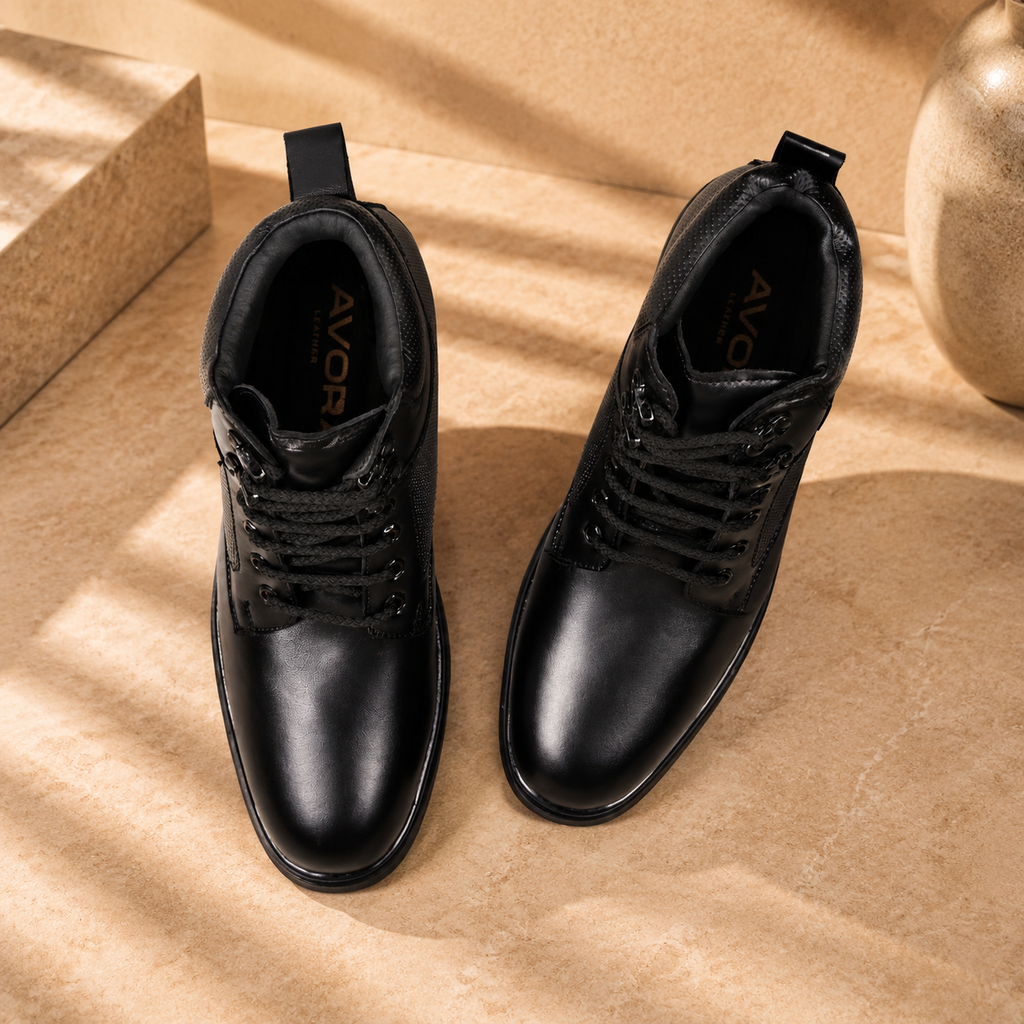 AVORA Black Lace-Up Leather Boots