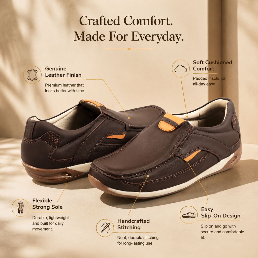 AVORA Brown Slip-On Everyday Leather Shoes