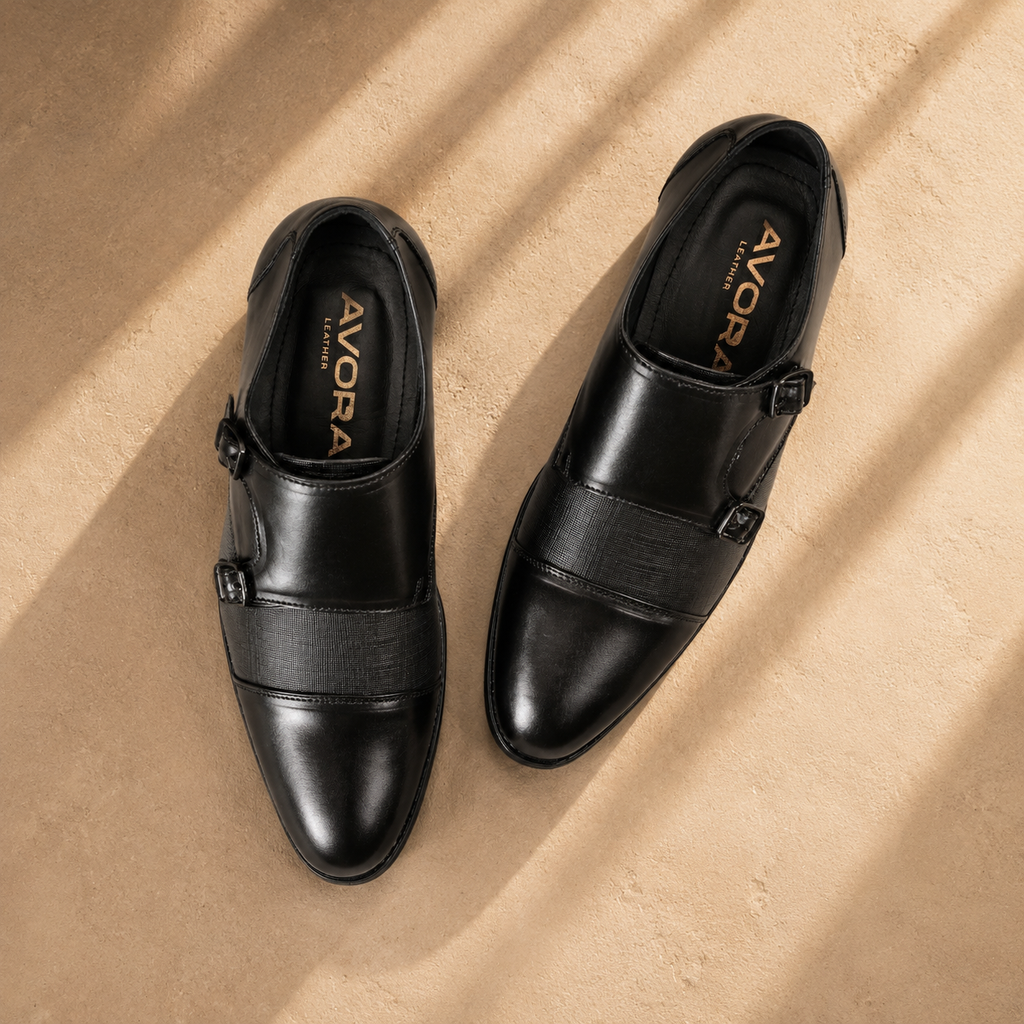 AVORA Black Double Monk Formal Shoes