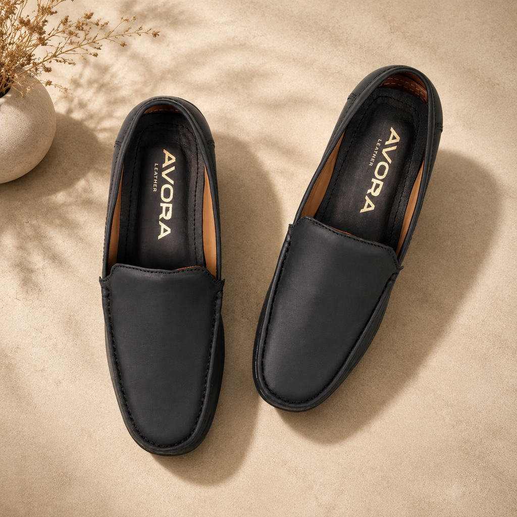 AVORA Dark Grey Slip-On Leather Loafers