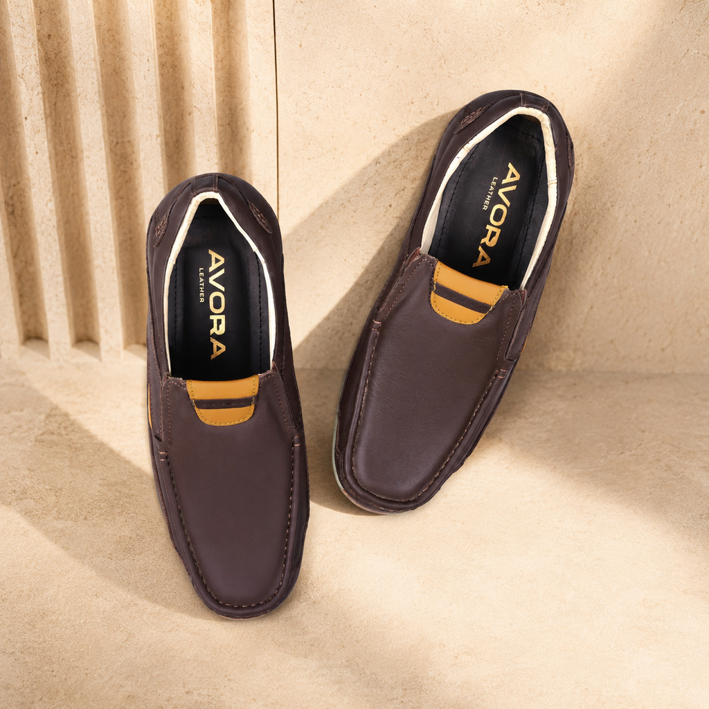 AVORA Brown Slip-On Everyday Leather Shoes