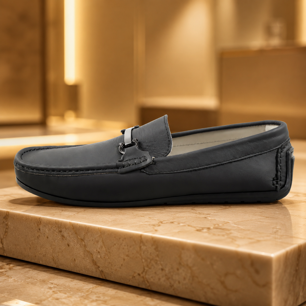 AVORA Black Leather Office Loafers