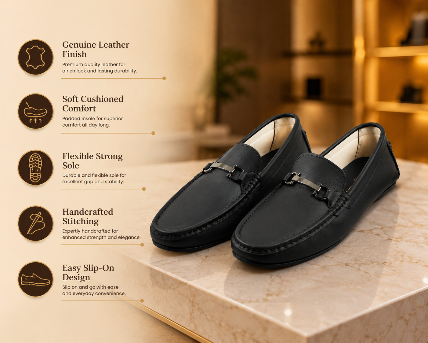 AVORA Black Leather Office Loafers