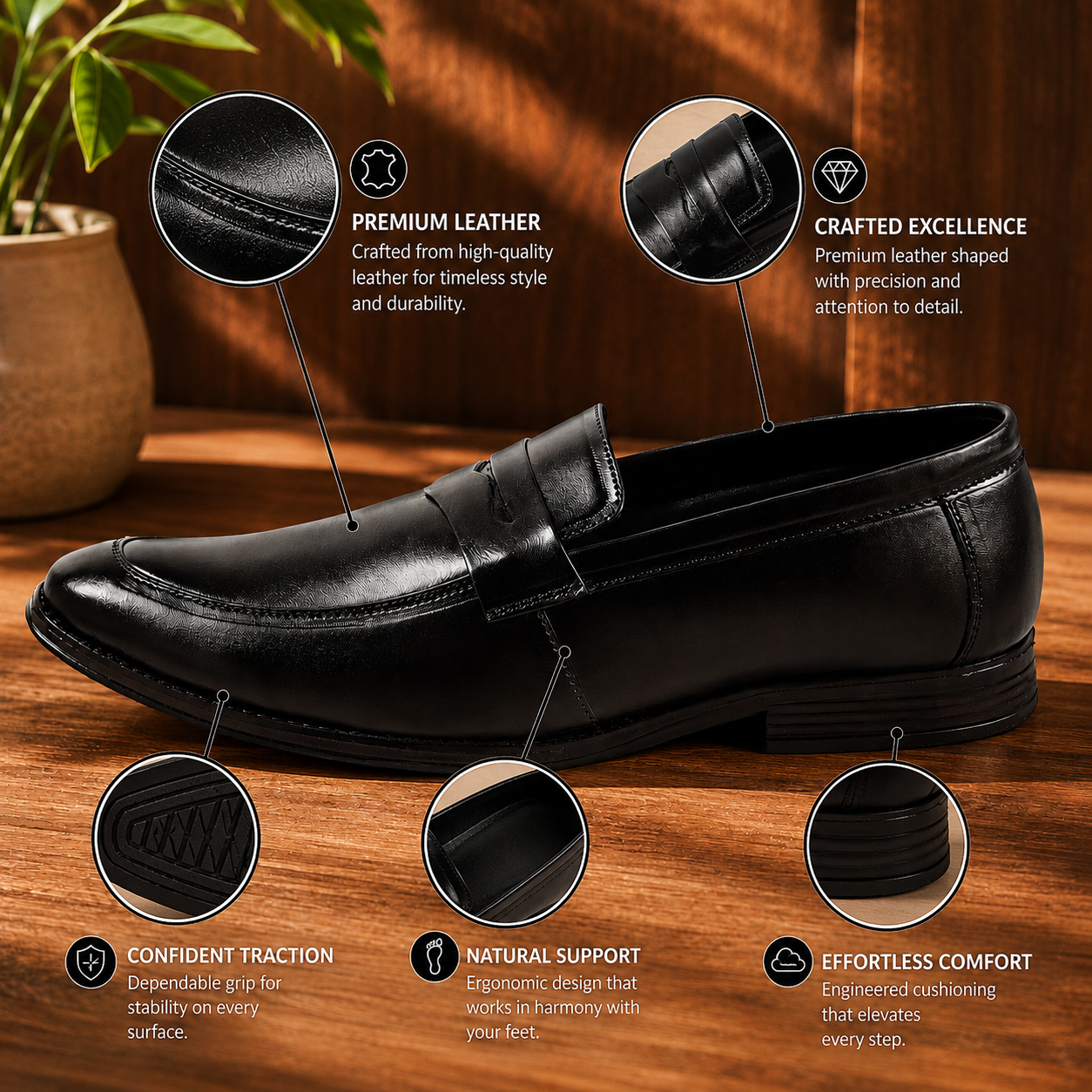 AVORA Black Penny Loafer Office Shoes
