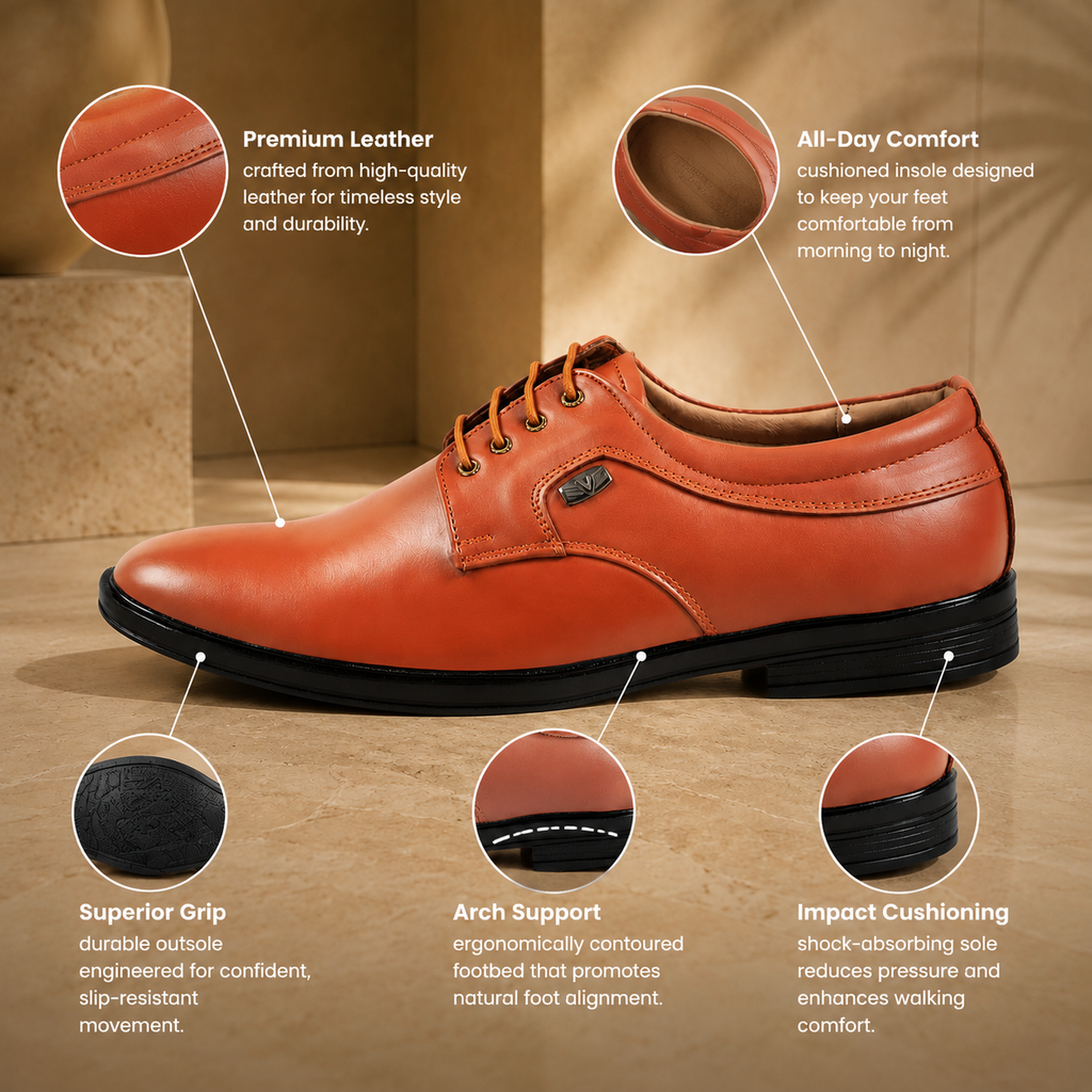 AVORA Tan Lace-Up Business Leather Shoes