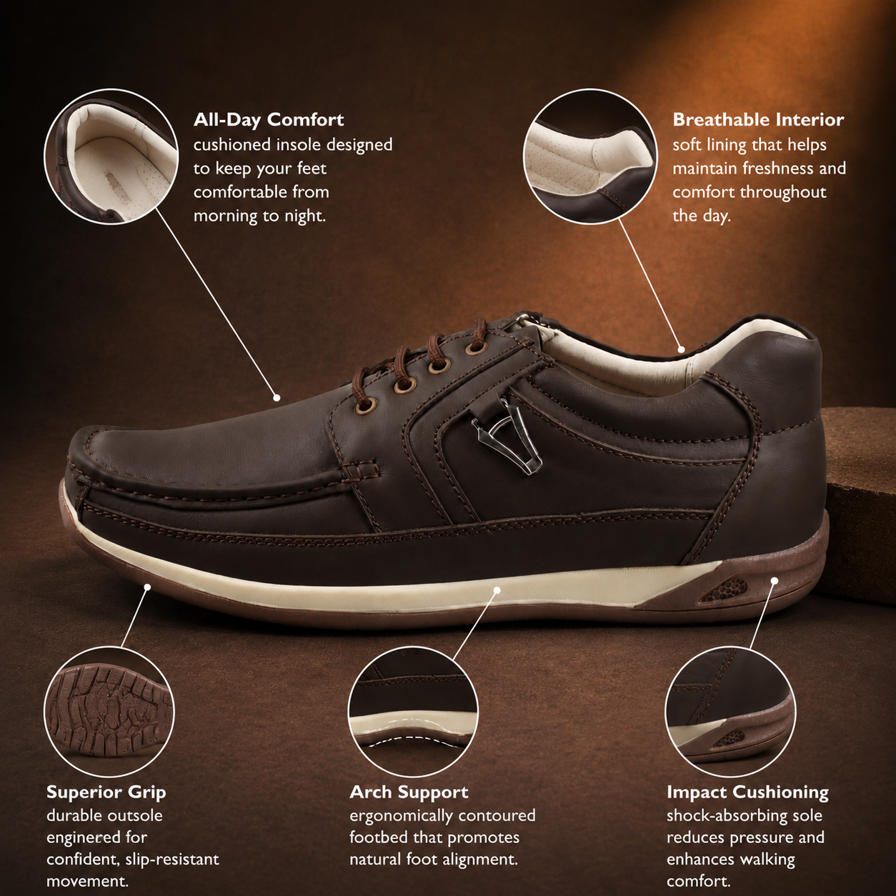 AVORA Brown Everyday Comfort Leather Shoes