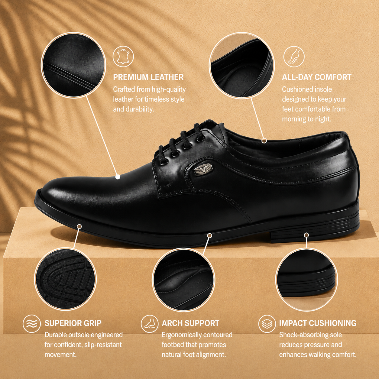 AVORA Black Oxford Office Leather Shoes