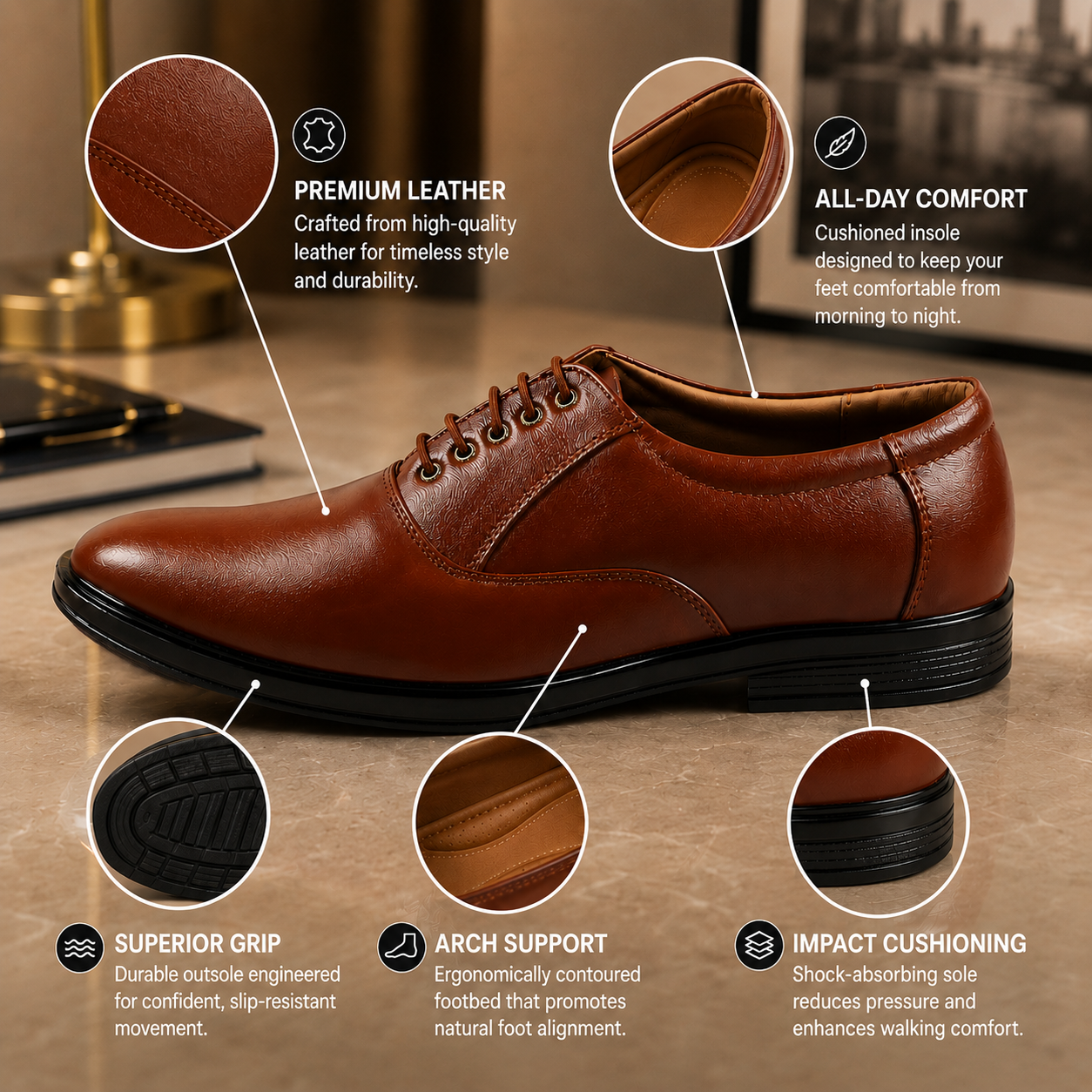 AVORA Tan Oxford Formal Leather Shoes