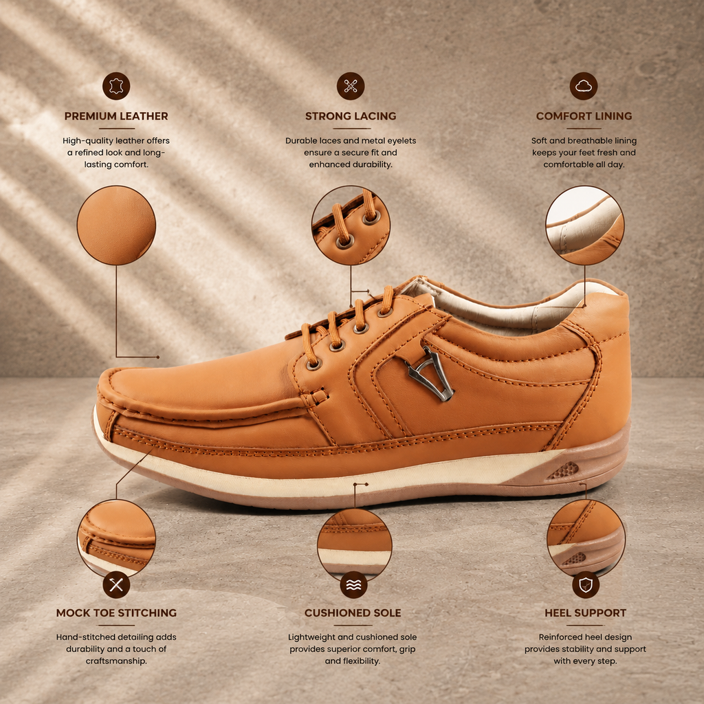 AVORA Camel Lace-Up Casual Leather Shoes